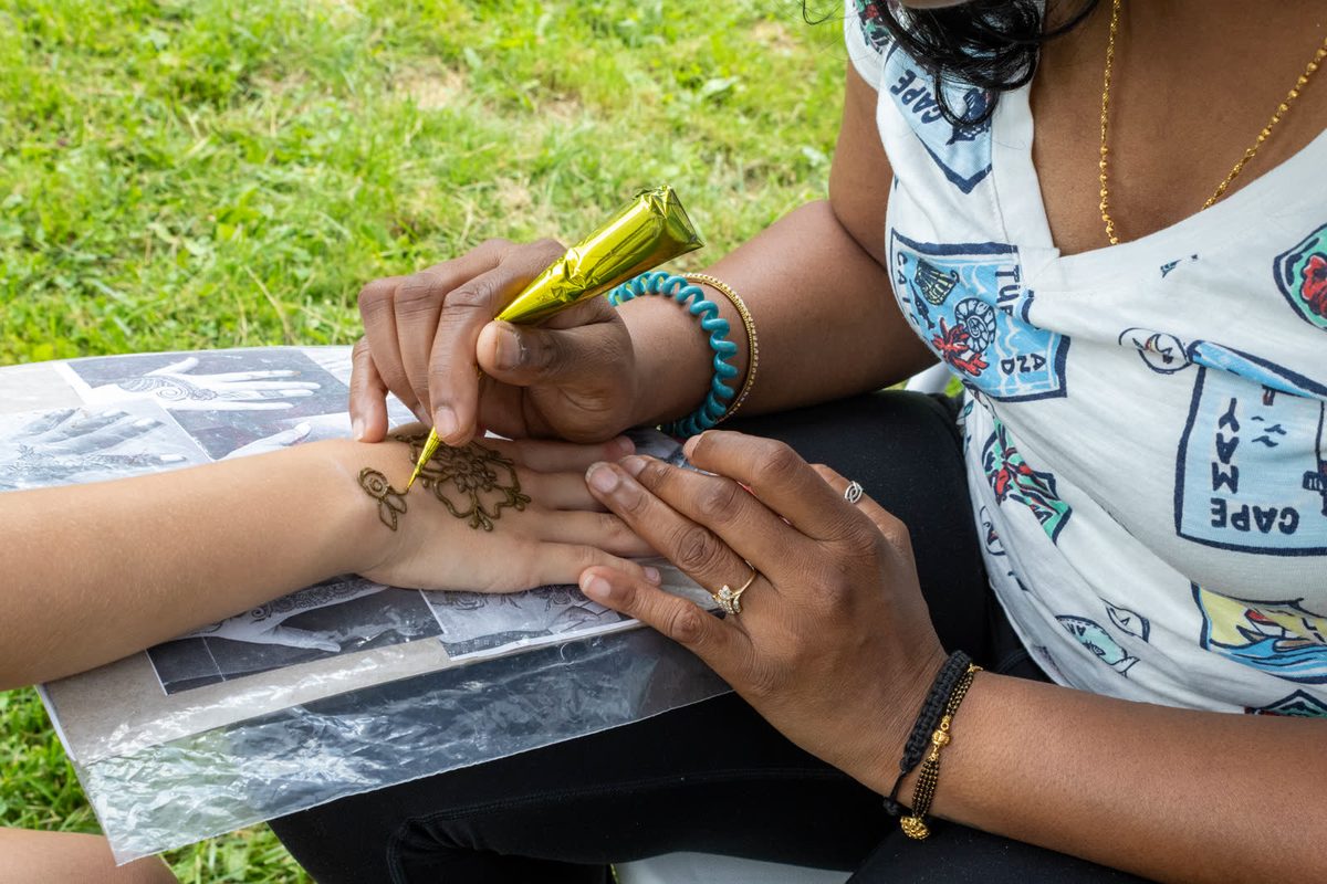 Henna artist working on a hand
